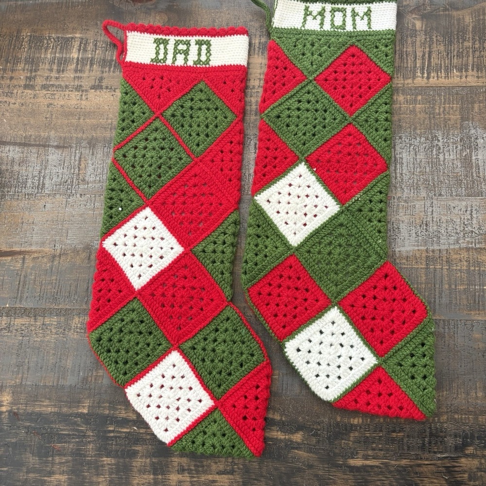 Vintage Pair Crocheted Granny Square Christmas Stockings Mom & Dad Red Green